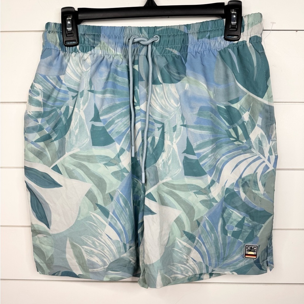 C&C California Swim Shorts Trunks Tropical Leaf Print Blue/Green Sz M 7" Inseam